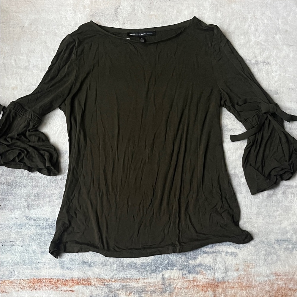 (236)White House Black Market Dark Green Blouse with Tie Sleeves